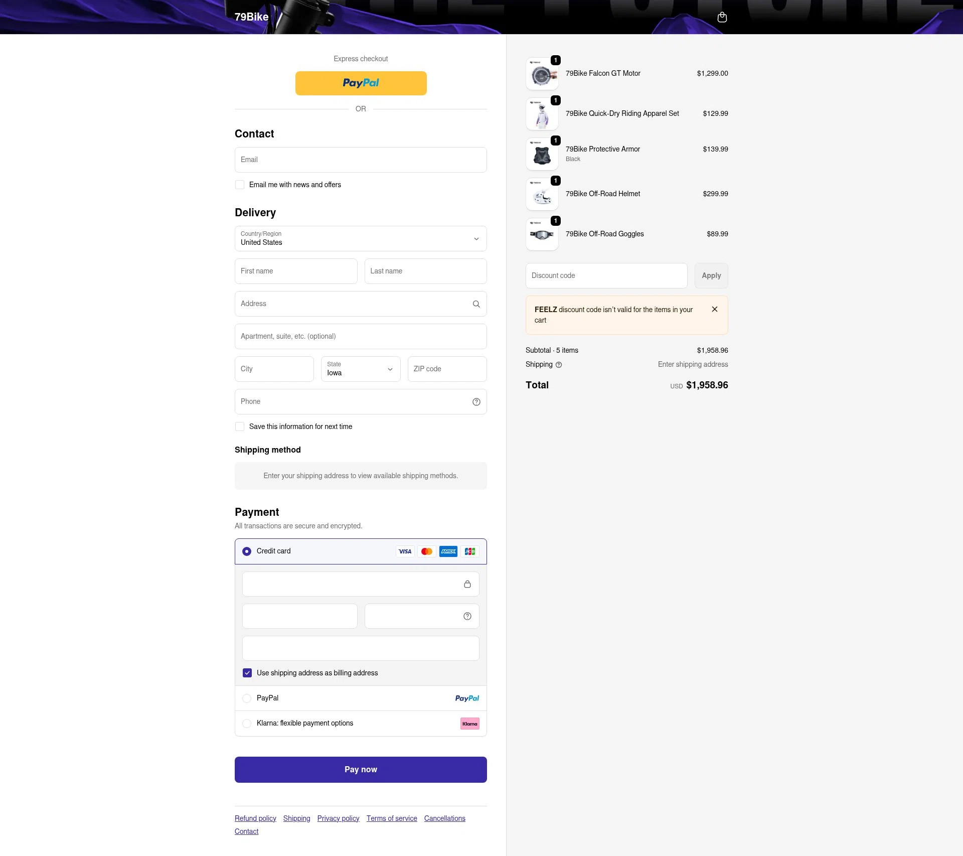 79Bike checkout page showing 79Bike discount code box | Screenshot taken by SimplyCodes community member on Feb 19, 2026
