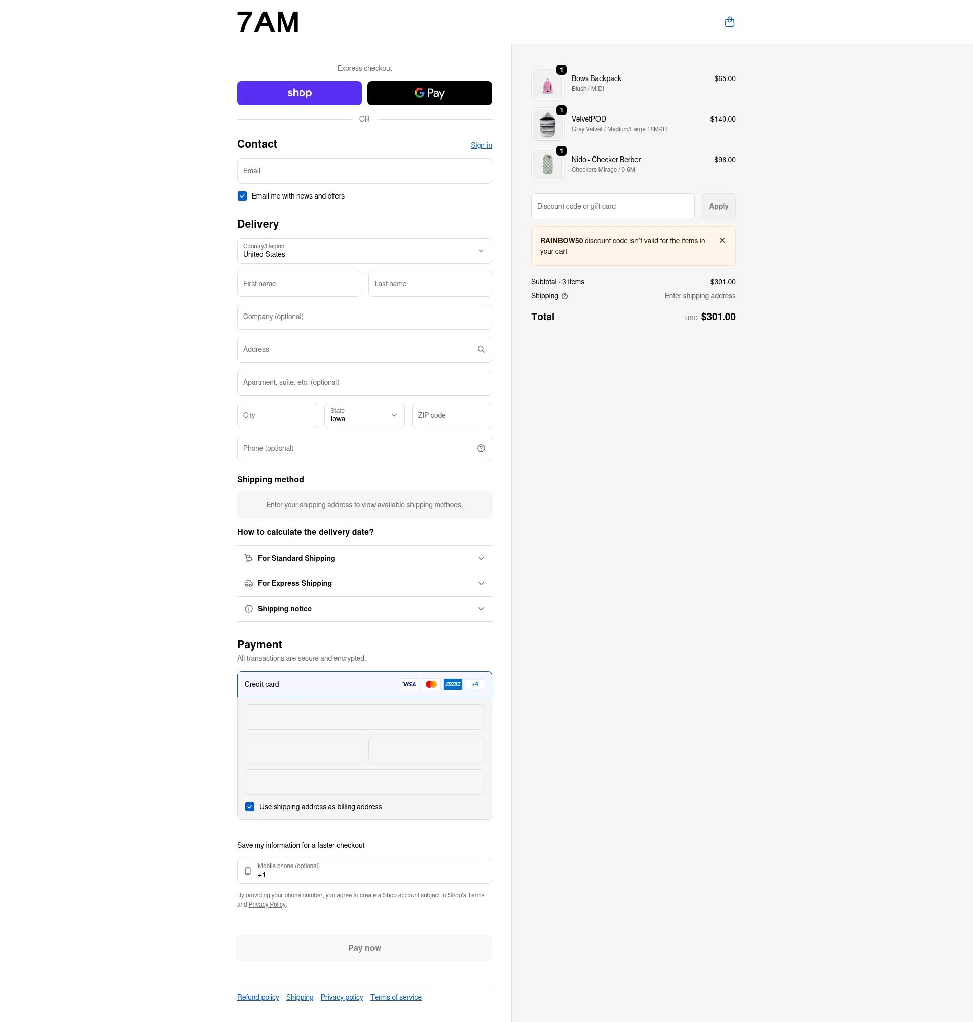 7 A.M. Enfant checkout page showing 7 A.M. Enfant promo code box | Screenshot taken by SimplyCodes community member on Feb 18, 2026