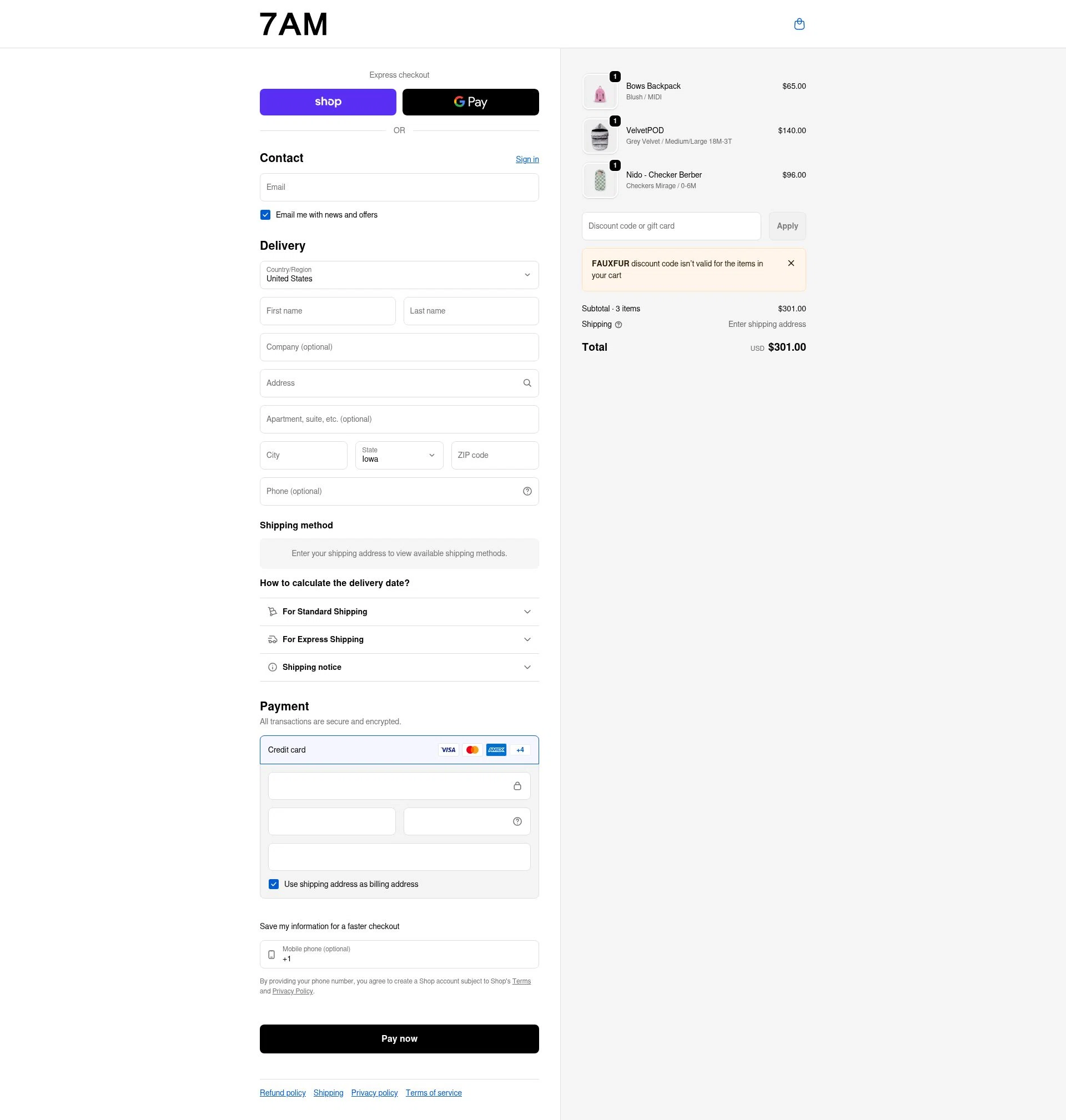 7 A.M. Enfant checkout page showing 7 A.M. Enfant promo code box | Screenshot taken by SimplyCodes community member on Feb 14, 2026