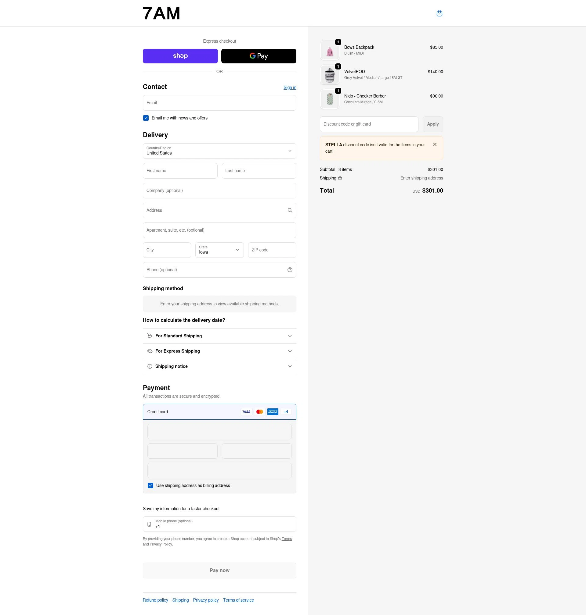 7 A.M. Enfant checkout page showing 7 A.M. Enfant promo code box | Screenshot taken by SimplyCodes community member on Feb 18, 2026