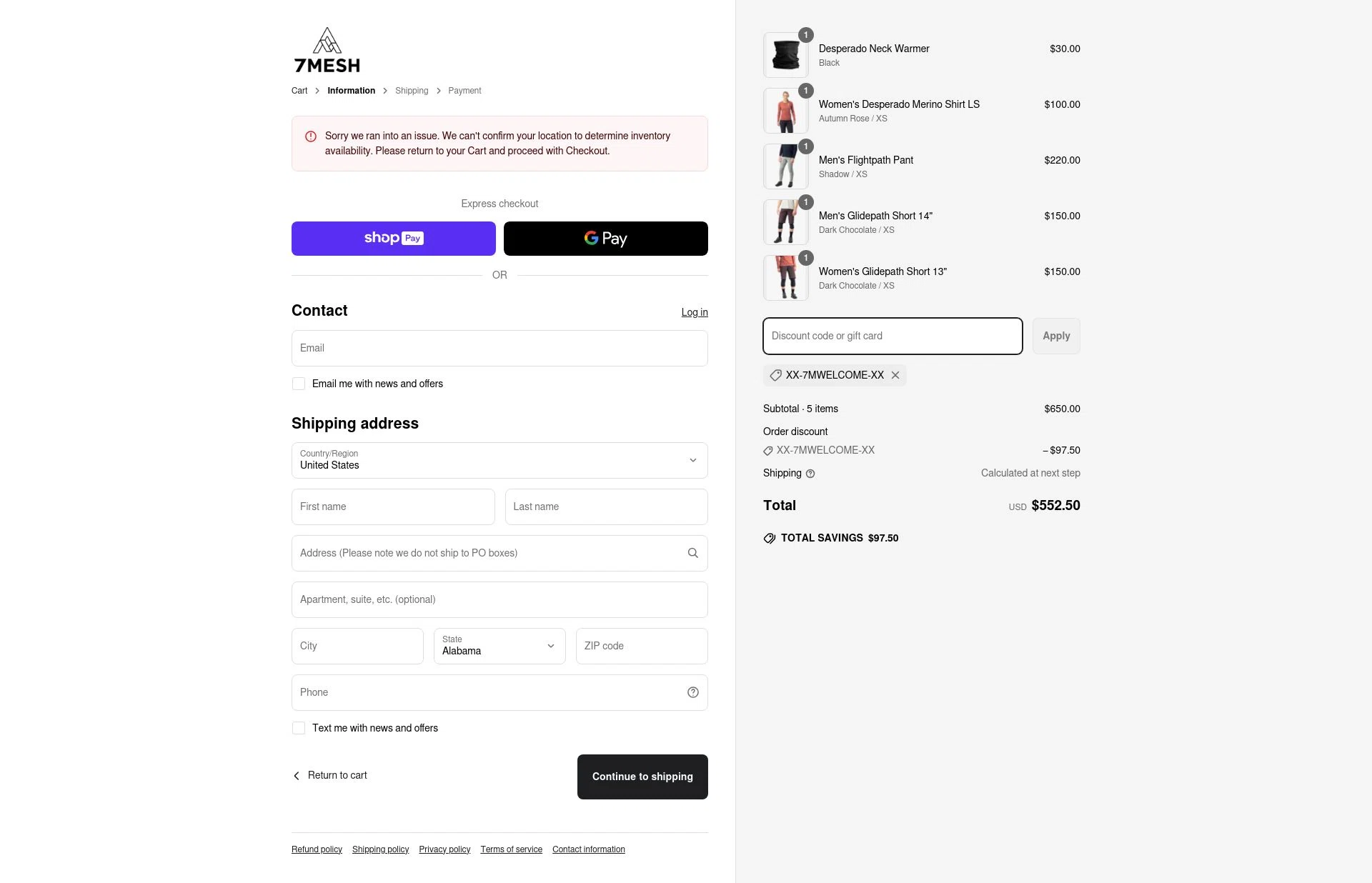 7Mesh checkout page showing 7Mesh discount code box | Screenshot taken by SimplyCodes community member on May 2, 2025