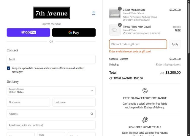 7th Avenue checkout page showing 7th Avenue promo code box | Screenshot taken by SimplyCodes community member on Aug 4, 2025