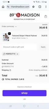 PERFECT10 coupon verification screenshot