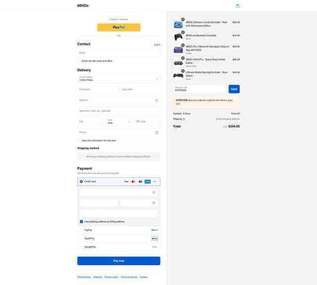 8BitDo checkout page showing 8BitDo discount code box | Screenshot taken by SimplyCodes community member on Sep 3, 2025