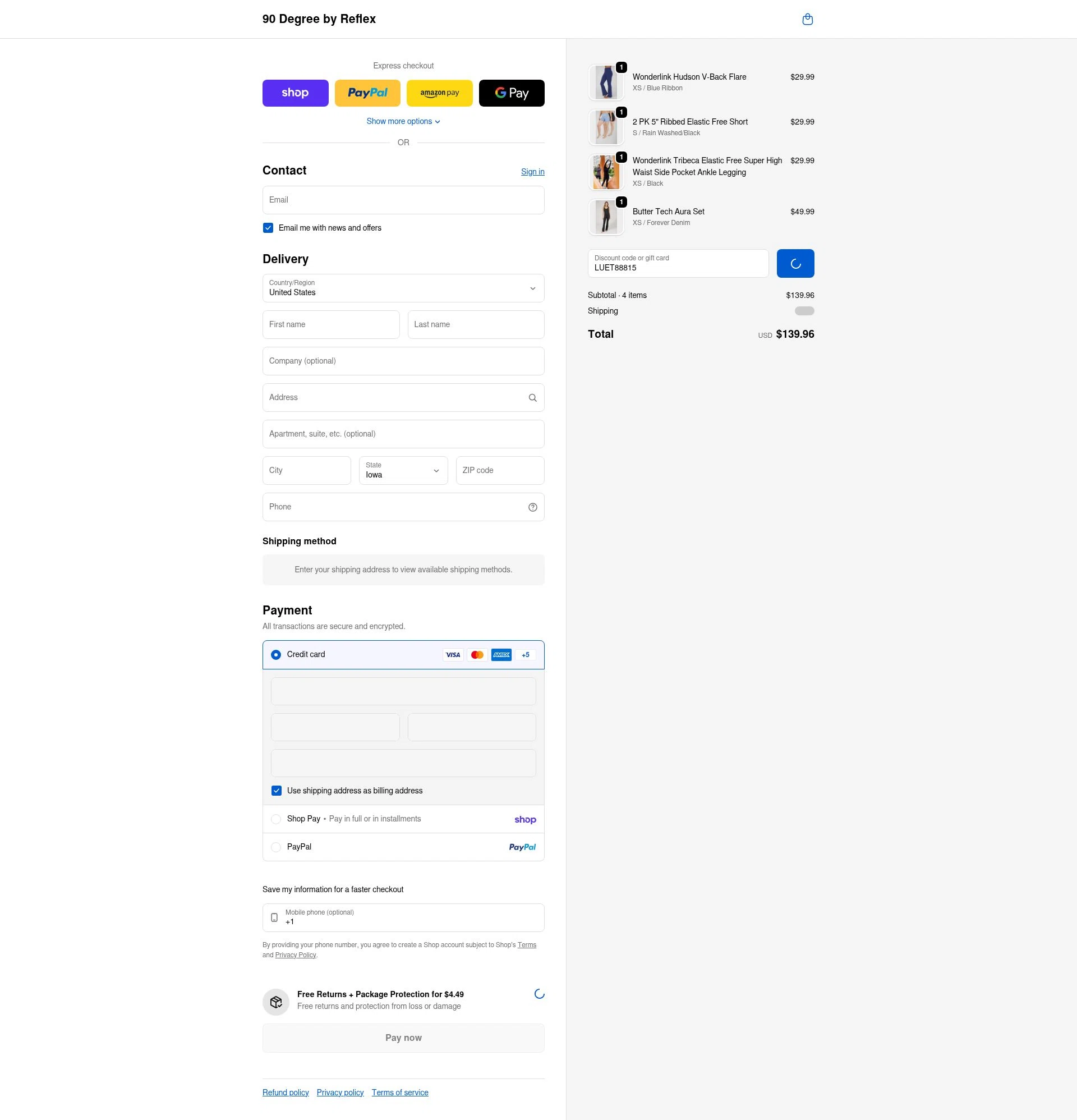 90 Degree by Reflex checkout page showing 90 Degree by Reflex coupon code box | Screenshot taken by SimplyCodes community member on Feb 11, 2026