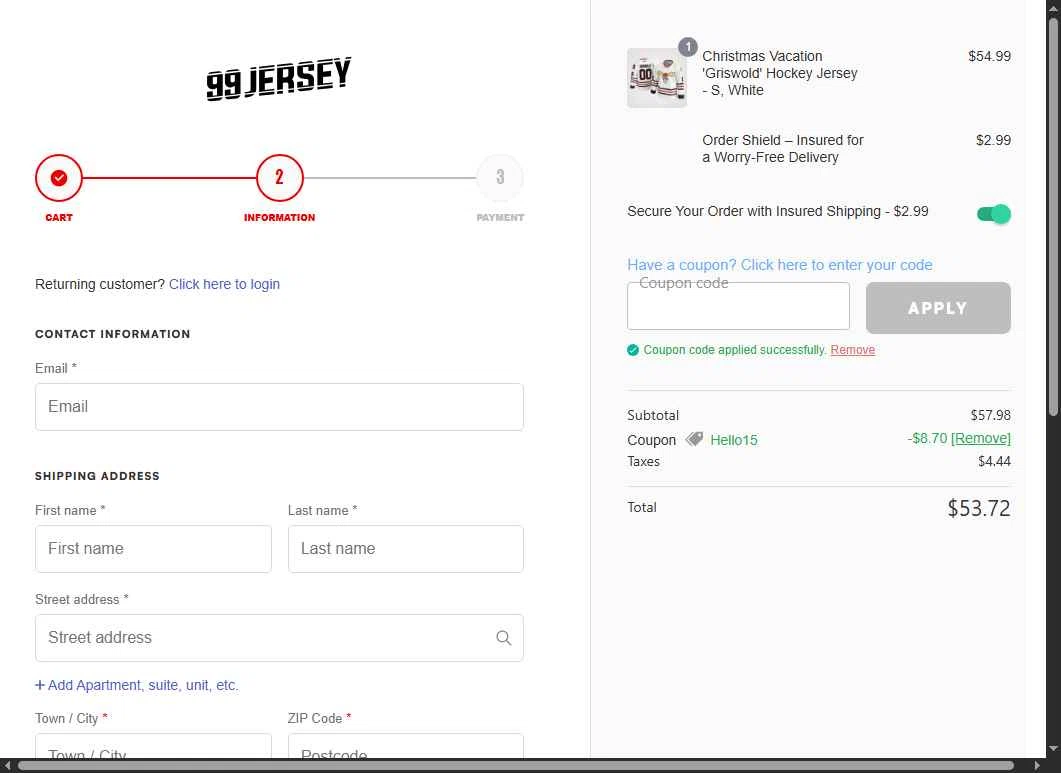 99Jersey checkout page showing 99Jersey promo code box | Screenshot taken by SimplyCodes community member on Dec 10, 2025