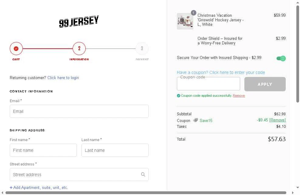 99Jersey checkout page showing 99Jersey promo code box | Screenshot taken by SimplyCodes community member on Nov 18, 2025
