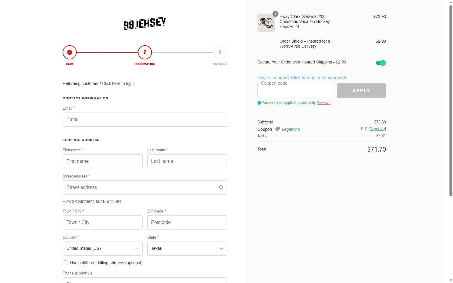 99Jersey checkout page showing 99Jersey promo code box | Screenshot taken by SimplyCodes community member on Dec 28, 2025