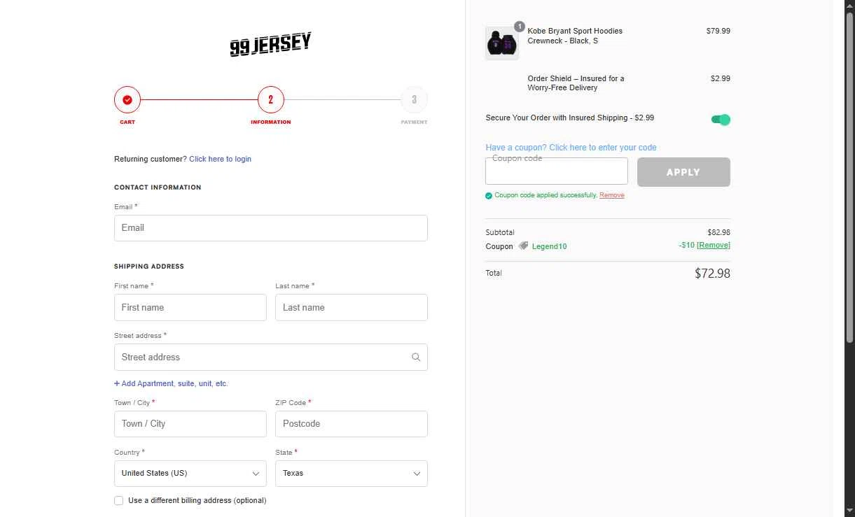 99Jersey checkout page showing 99Jersey promo code box | Screenshot taken by SimplyCodes community member on Jan 26, 2026