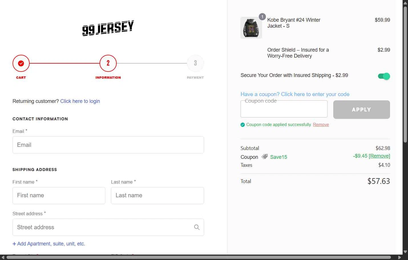 99Jersey checkout page showing 99Jersey promo code box | Screenshot taken by SimplyCodes community member on Nov 18, 2025