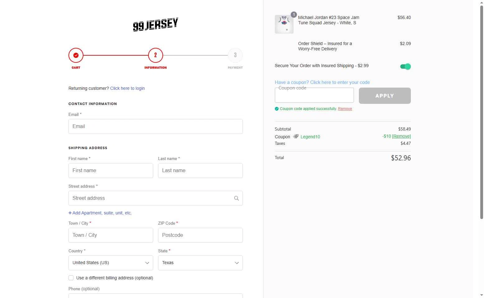 99Jersey checkout page showing 99Jersey promo code box | Screenshot taken by SimplyCodes community member on Nov 29, 2025