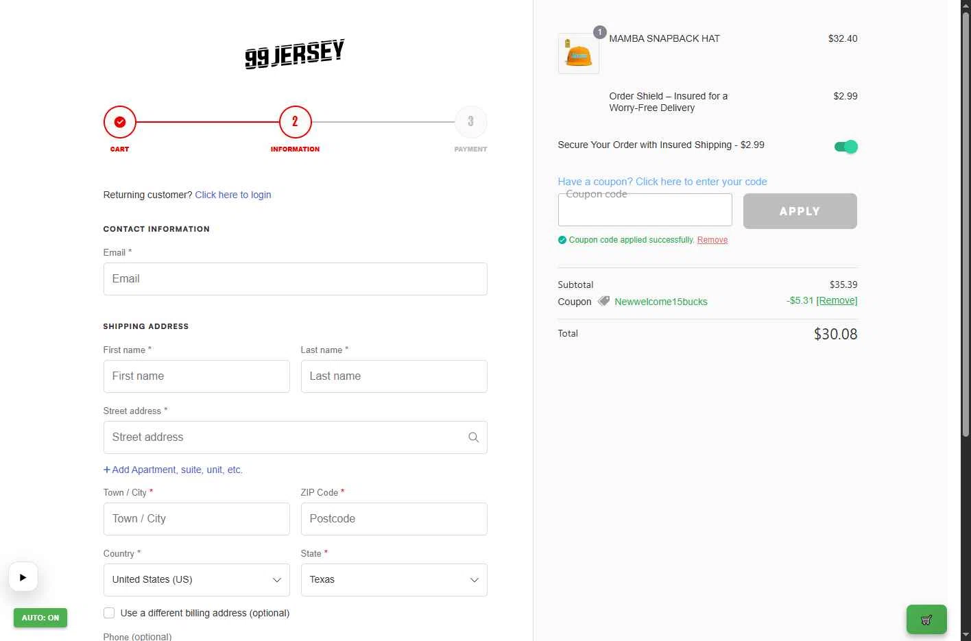 99Jersey checkout page showing 99Jersey promo code box | Screenshot taken by SimplyCodes community member on Jan 15, 2026