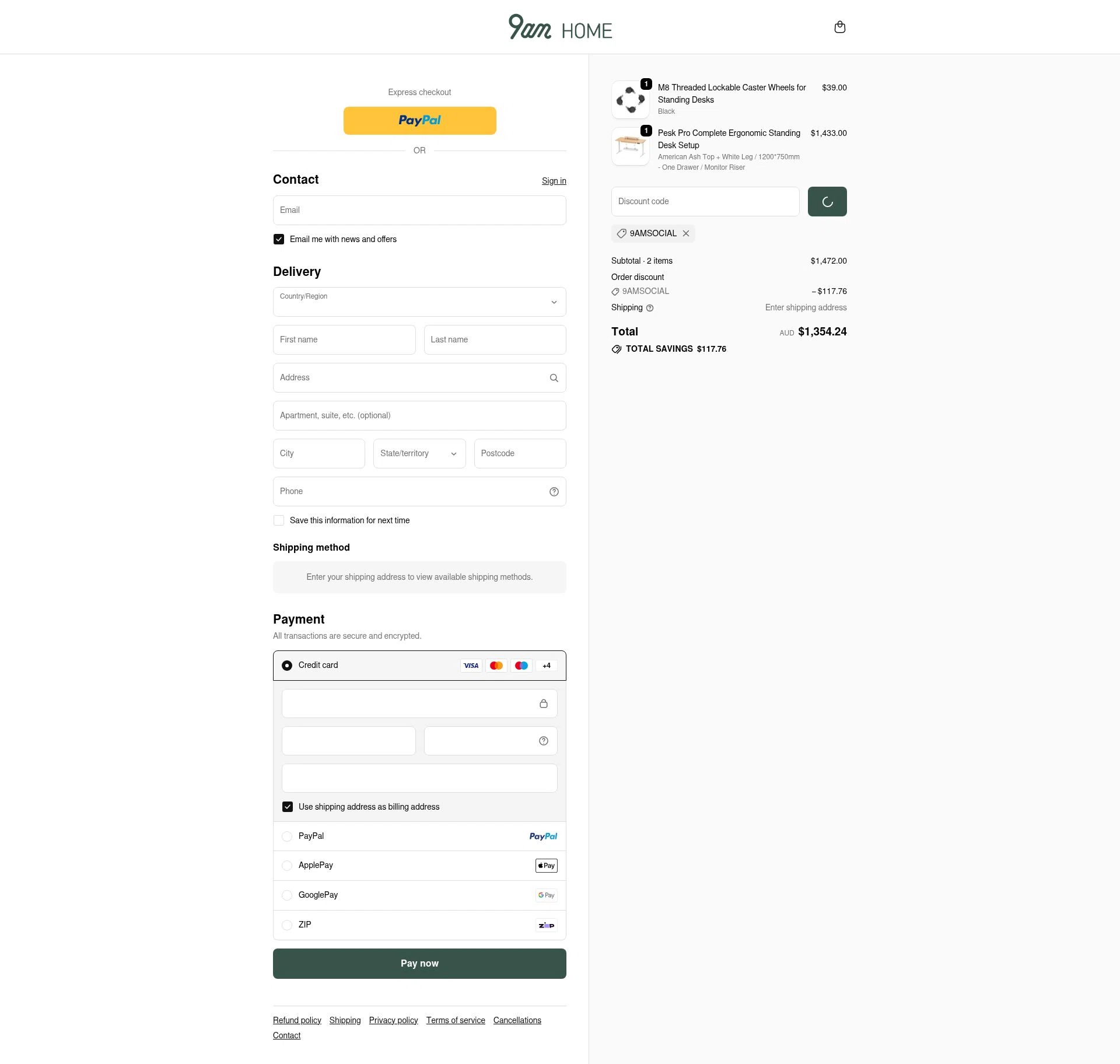 9am HOME checkout page showing 9am HOME promo code box | Screenshot taken by SimplyCodes community member on Jan 3, 2026