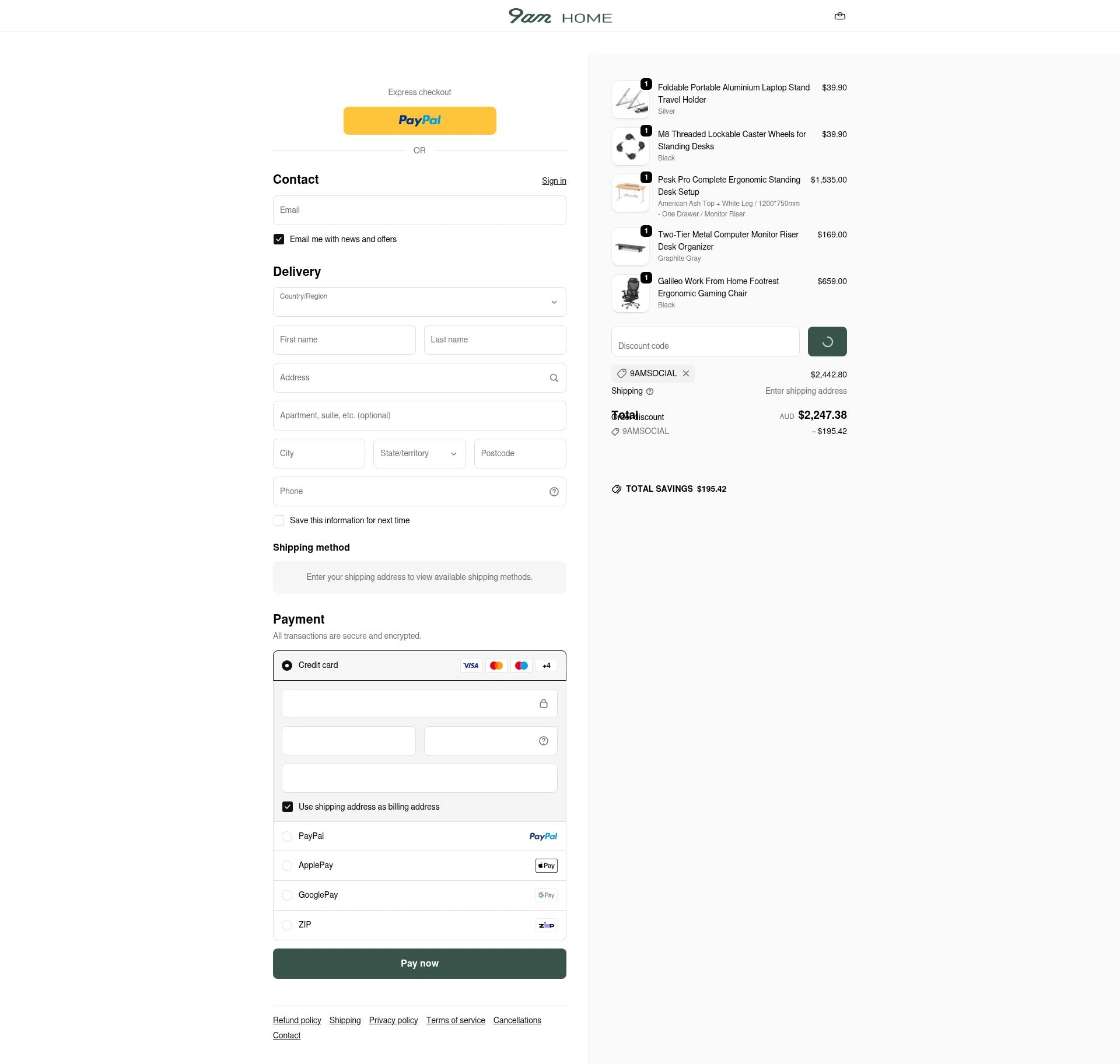 9am HOME checkout page showing 9am HOME promo code box | Screenshot taken by SimplyCodes community member on Jan 8, 2026