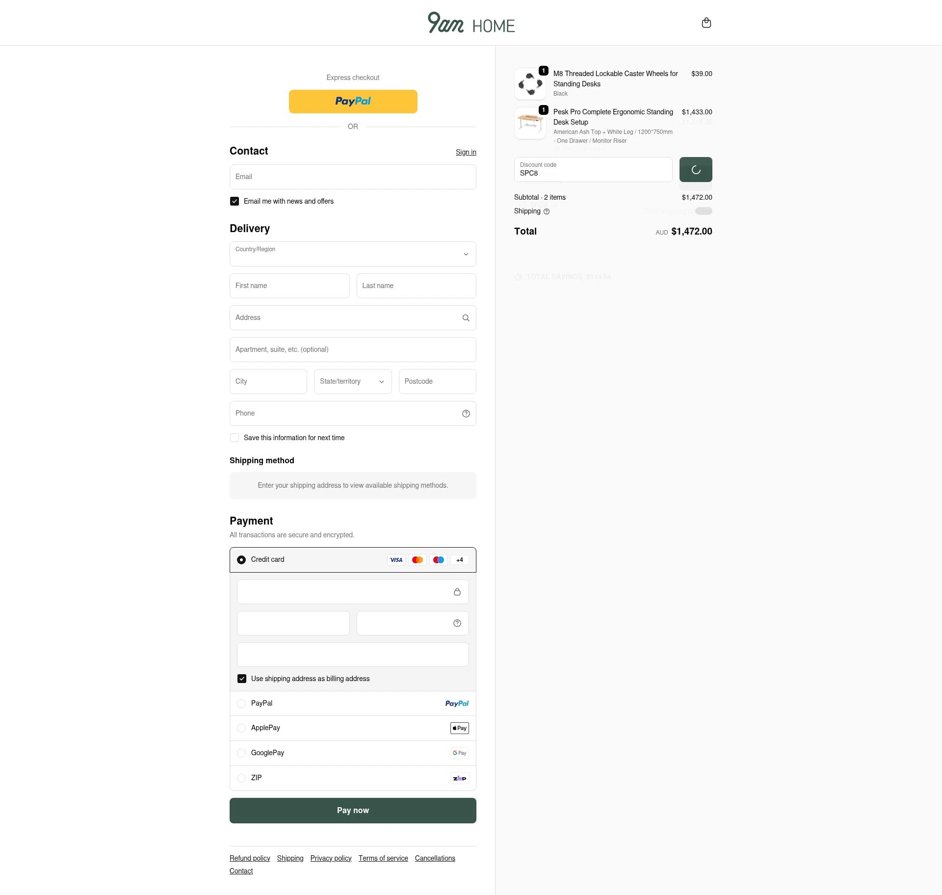 9am HOME checkout page showing 9am HOME promo code box | Screenshot taken by SimplyCodes community member on Jan 3, 2026