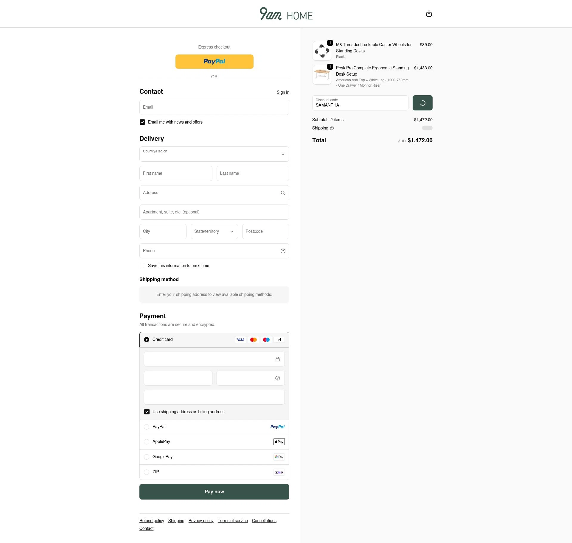 9am HOME checkout page showing 9am HOME promo code box | Screenshot taken by SimplyCodes community member on Jan 3, 2026
