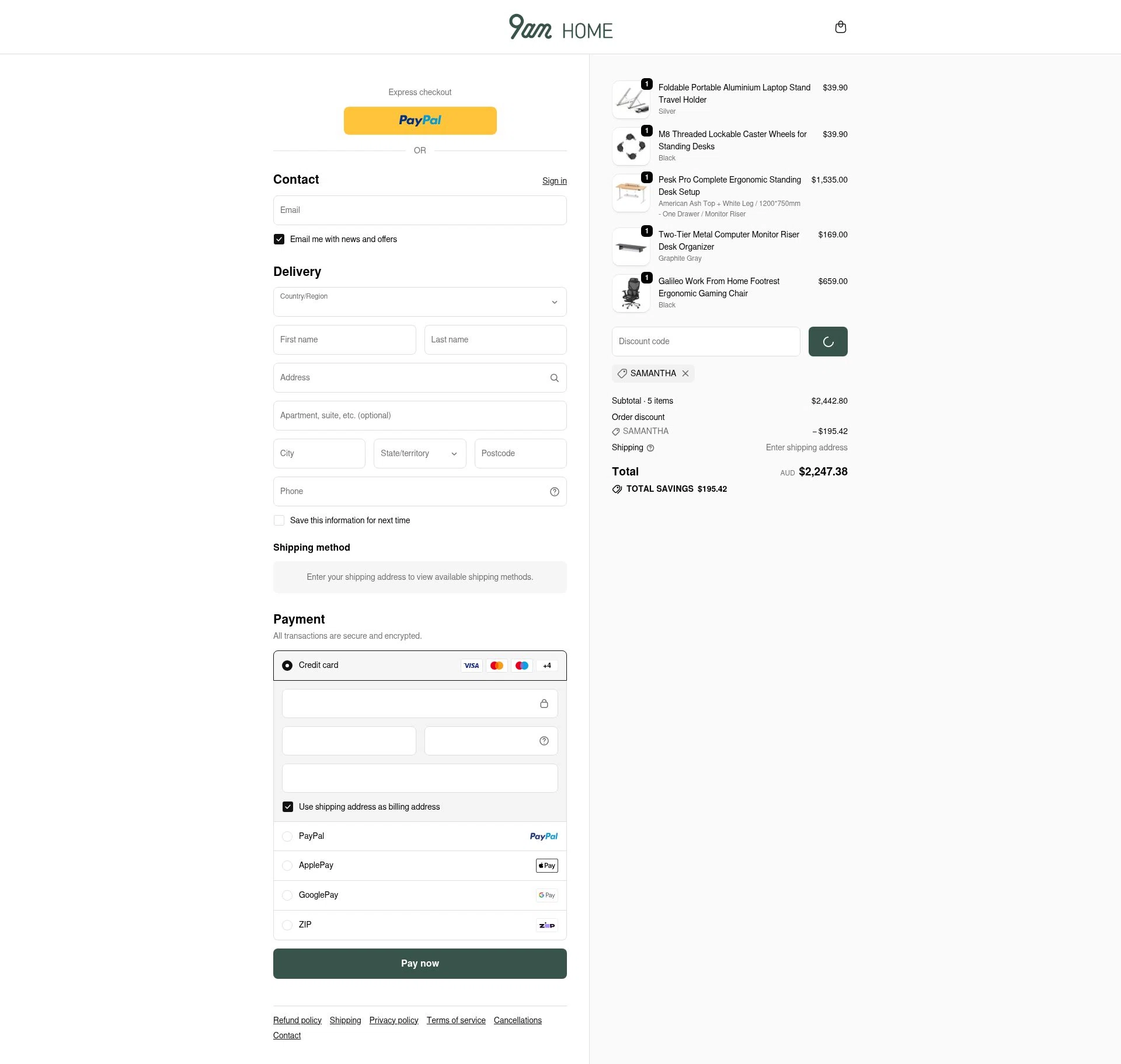 9am HOME checkout page showing 9am HOME promo code box | Screenshot taken by SimplyCodes community member on Jan 8, 2026