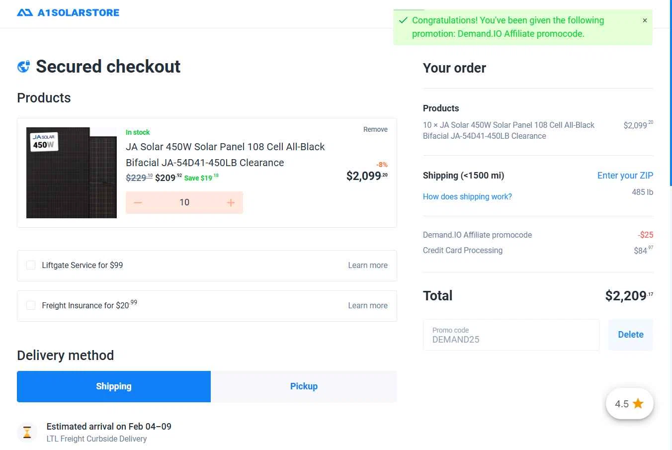 A1 Solar Store checkout page showing A1 Solar Store promo code box | Screenshot taken by SimplyCodes community member on Jan 24, 2026
