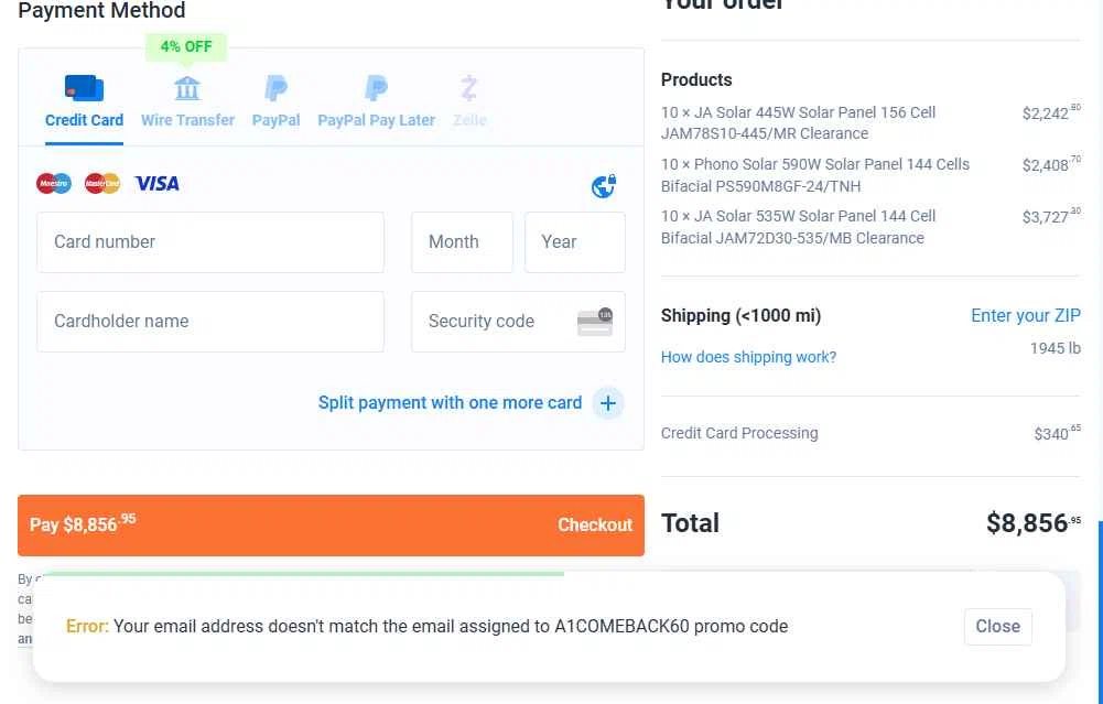 A1 Solar Store checkout page showing A1 Solar Store promo code box | Screenshot taken by SimplyCodes community member on Dec 7, 2025
