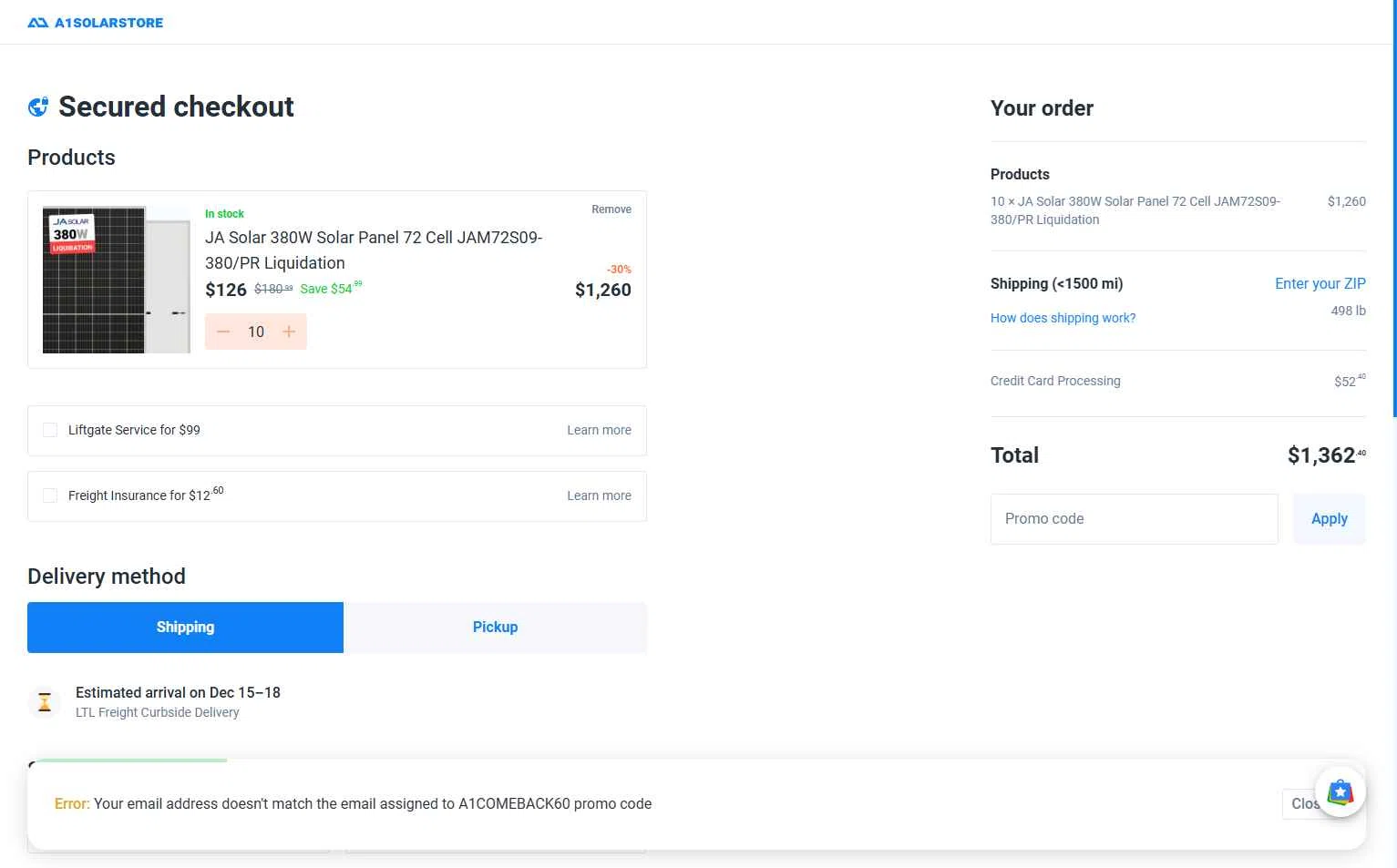 A1 Solar Store checkout page showing A1 Solar Store promo code box | Screenshot taken by SimplyCodes community member on Dec 7, 2025