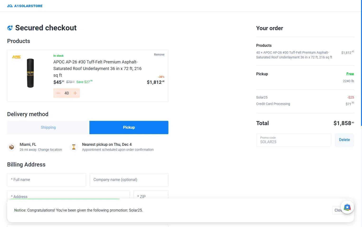 A1 Solar Store checkout page showing A1 Solar Store promo code box | Screenshot taken by SimplyCodes community member on Nov 30, 2025