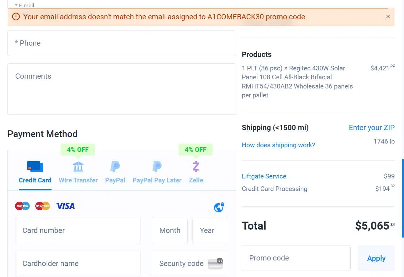 A1 Solar Store checkout page showing A1 Solar Store promo code box | Screenshot taken by SimplyCodes community member on Feb 1, 2026