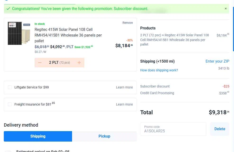 A1 Solar Store checkout page showing A1 Solar Store promo code box | Screenshot taken by SimplyCodes community member on Jan 24, 2026