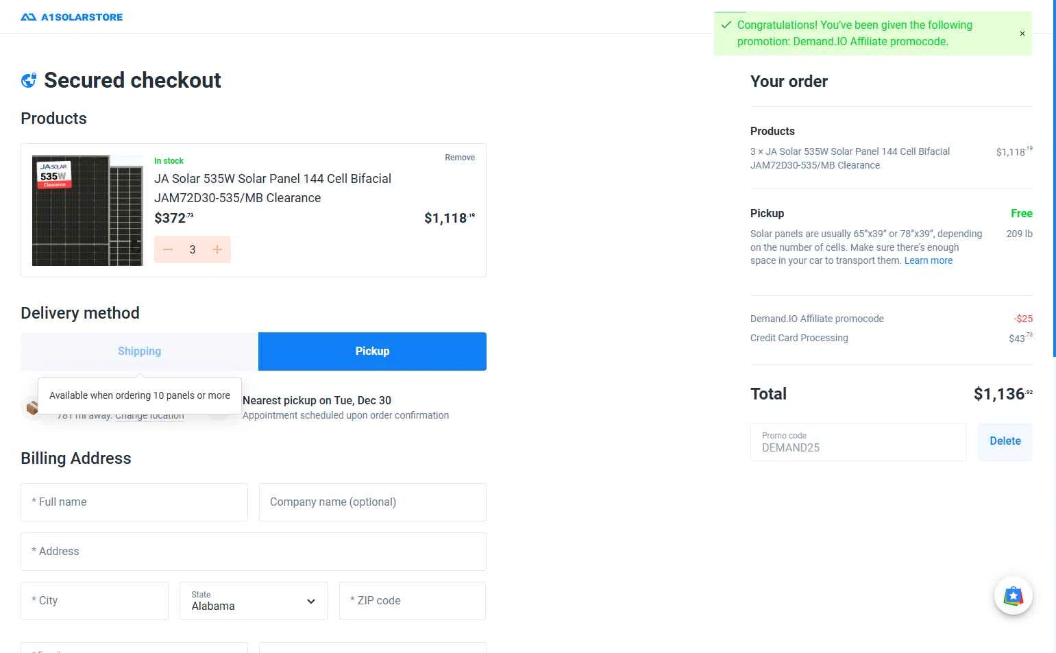 A1 Solar Store checkout page showing A1 Solar Store promo code box | Screenshot taken by SimplyCodes community member on Dec 26, 2025