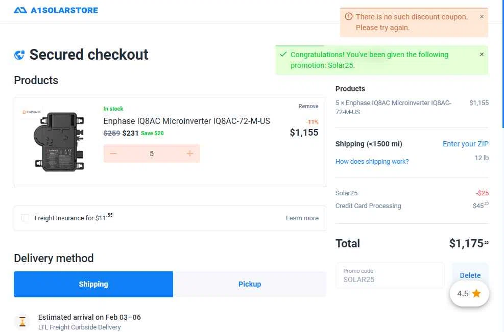 A1 Solar Store checkout page showing A1 Solar Store promo code box | Screenshot taken by SimplyCodes community member on Jan 27, 2026
