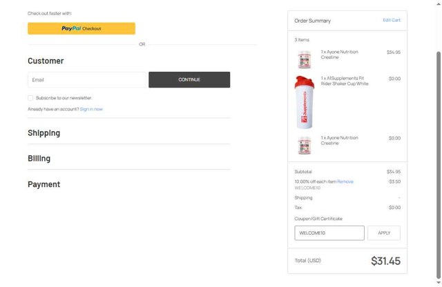 A1Supplements checkout page showing A1Supplements coupon code box | Screenshot taken by SimplyCodes community member on Aug 1, 2025