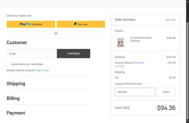A1Supplements checkout page showing A1Supplements coupon code box | Screenshot taken by SimplyCodes community member on Jul 2, 2025