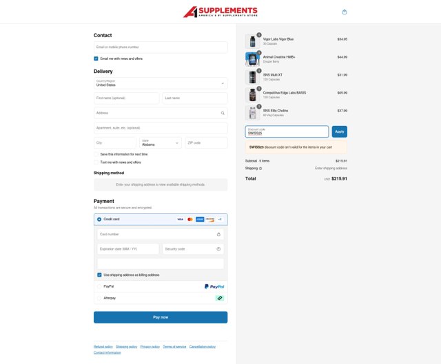 A1Supplements checkout page showing A1Supplements coupon code box | Screenshot taken by SimplyCodes community member on May 20, 2025