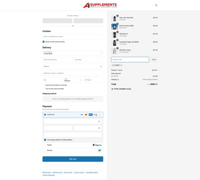 A1Supplements checkout page showing A1Supplements coupon code box | Screenshot taken by SimplyCodes community member on May 20, 2025