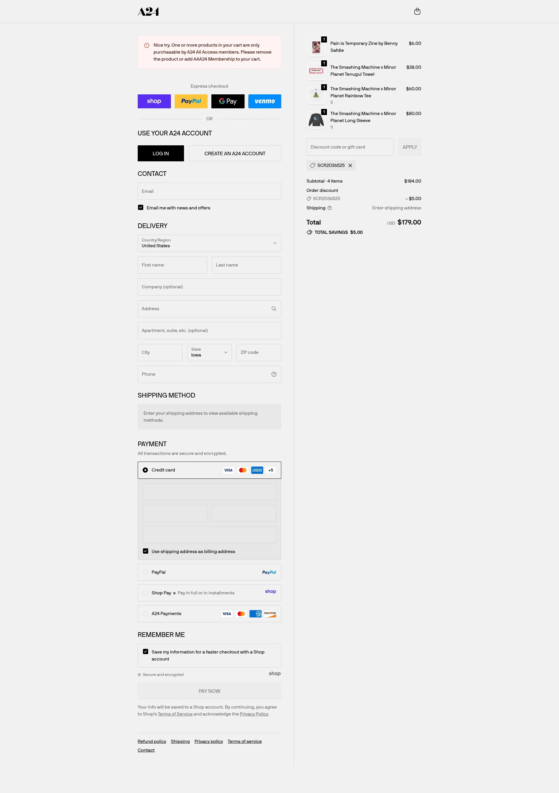 A24 Shop checkout page showing A24 Shop discount code box | Screenshot taken by SimplyCodes community member on Nov 3, 2025