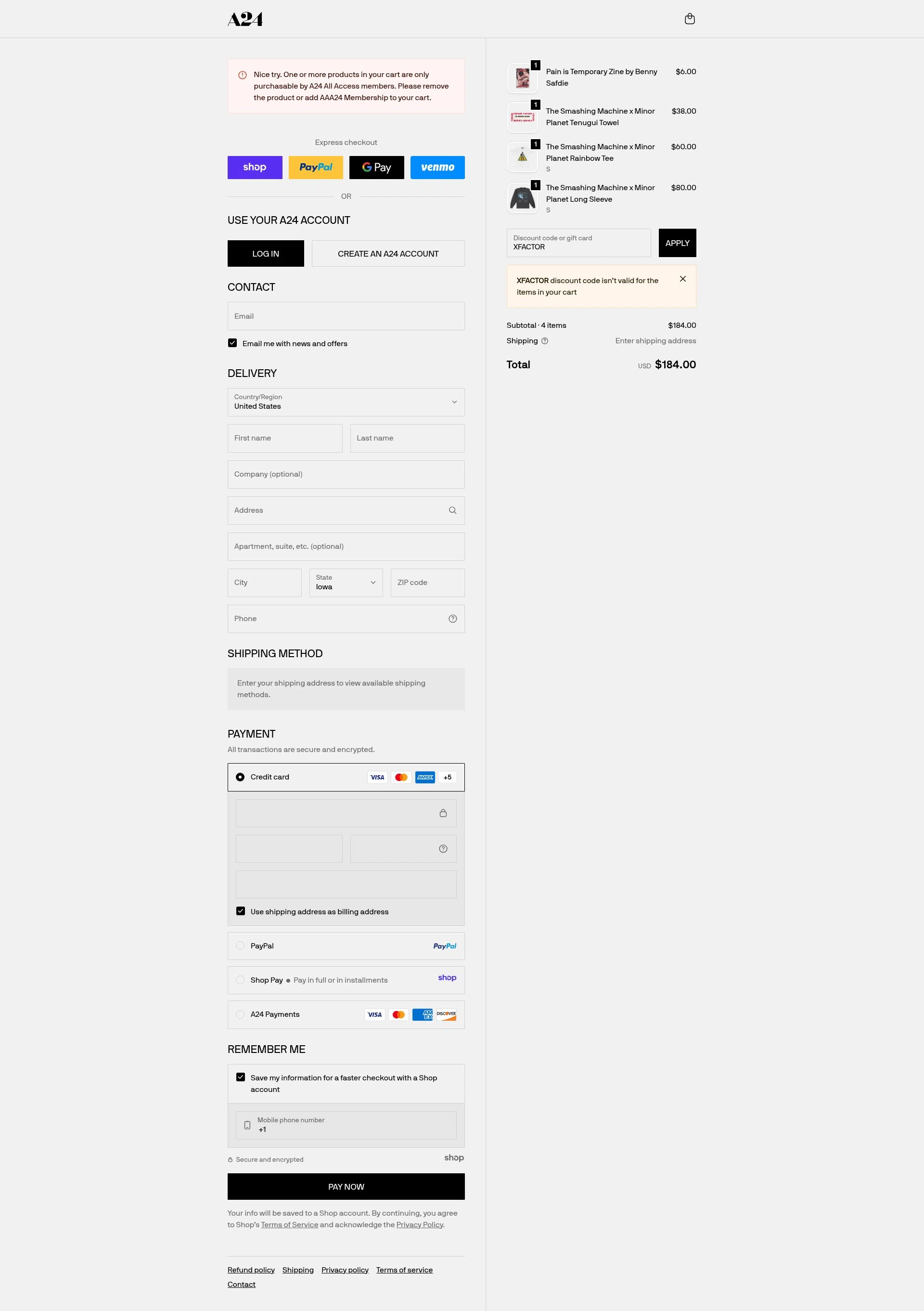 A24 Shop checkout page showing A24 Shop discount code box | Screenshot taken by SimplyCodes community member on Nov 9, 2025