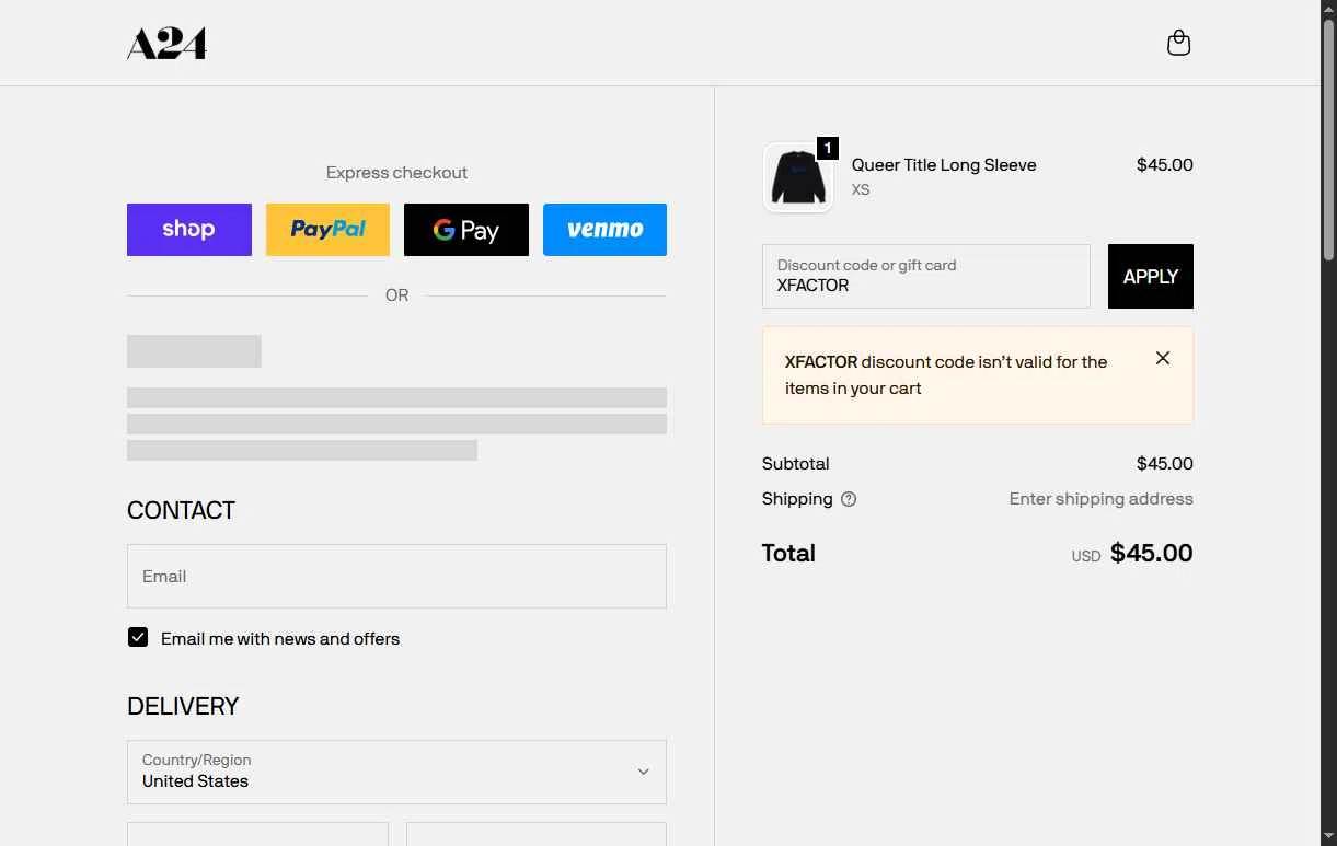 A24 Shop checkout page showing A24 Shop discount code box | Screenshot taken by SimplyCodes community member on Nov 13, 2025
