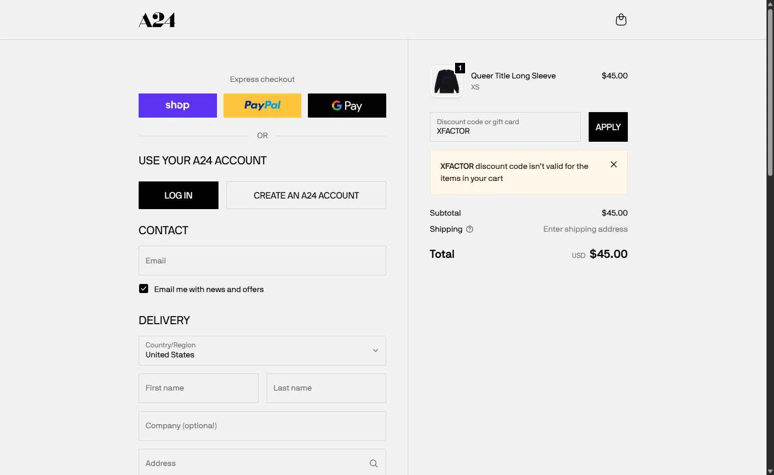 A24 Shop checkout page showing A24 Shop discount code box | Screenshot taken by SimplyCodes community member on Nov 13, 2025