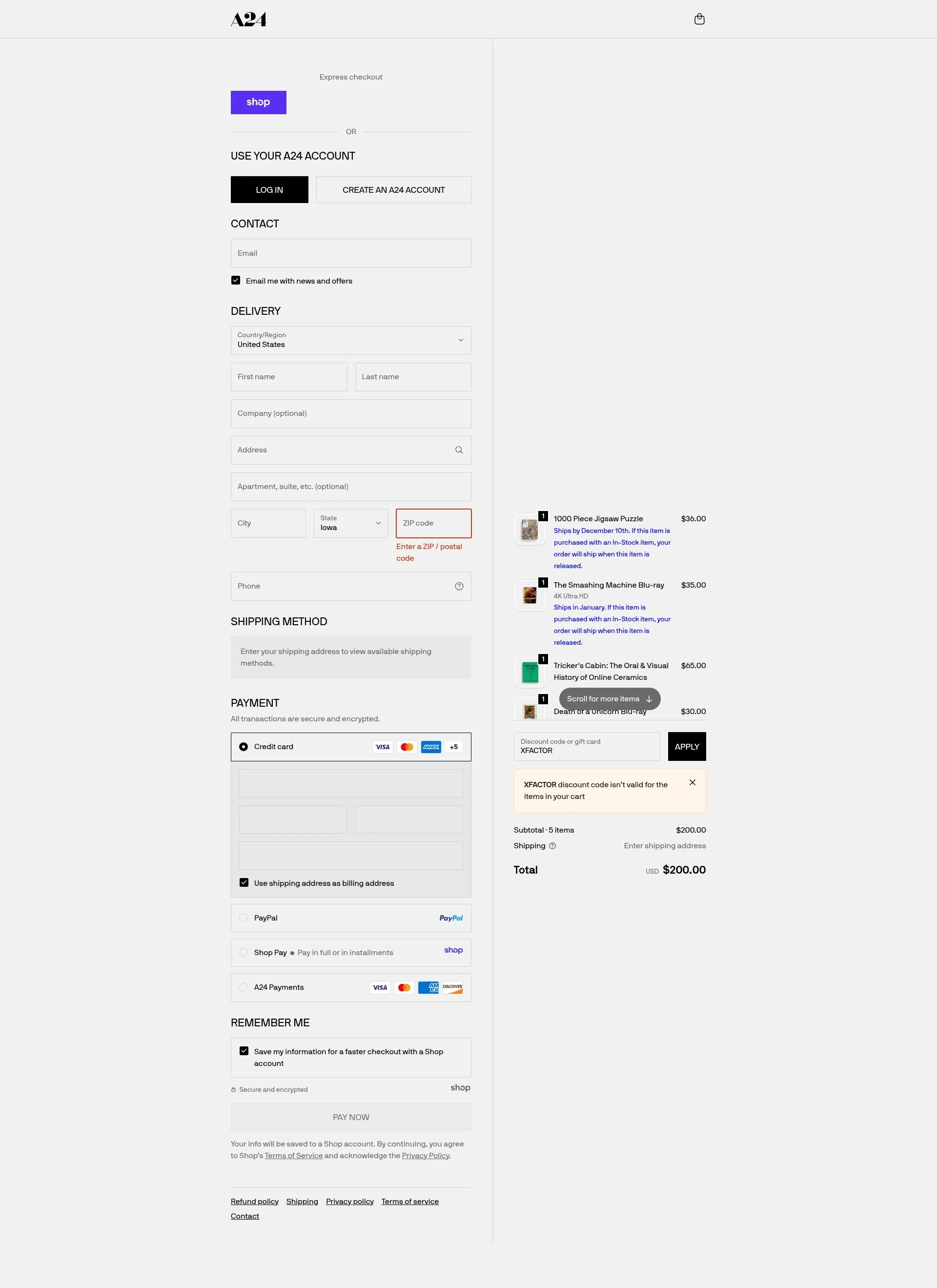 A24 Shop checkout page showing A24 Shop discount code box | Screenshot taken by SimplyCodes community member on Nov 20, 2025