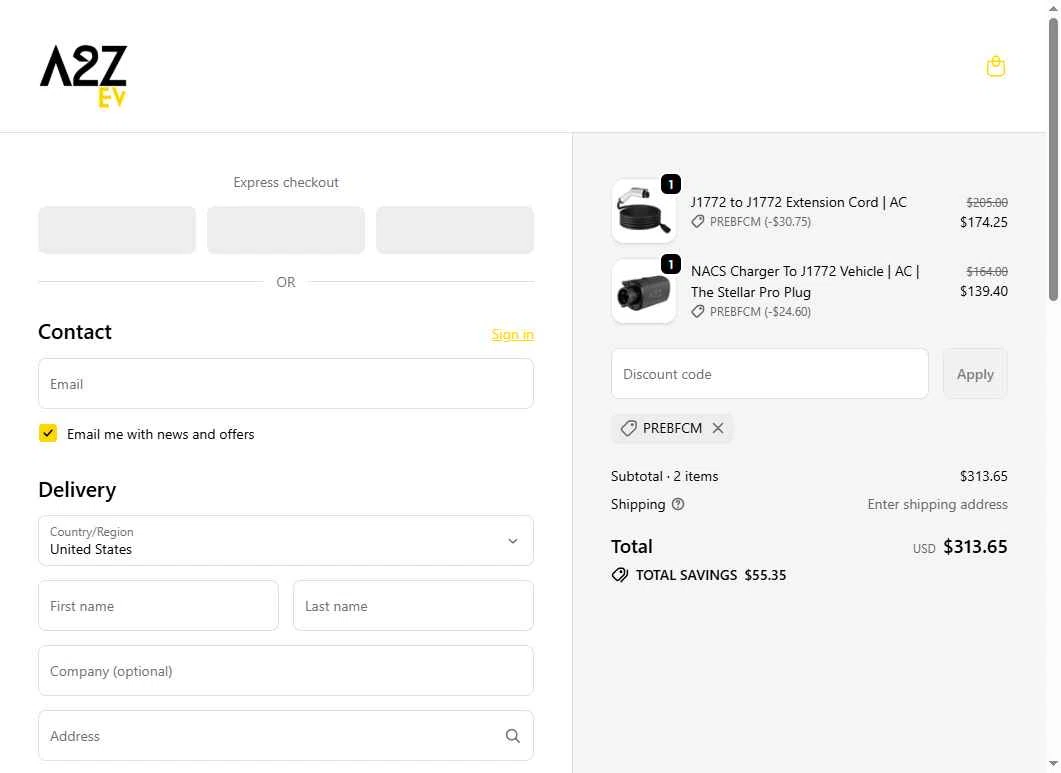 A2Z EV checkout page showing A2Z EV discount code box | Screenshot taken by SimplyCodes community member on Feb 6, 2026