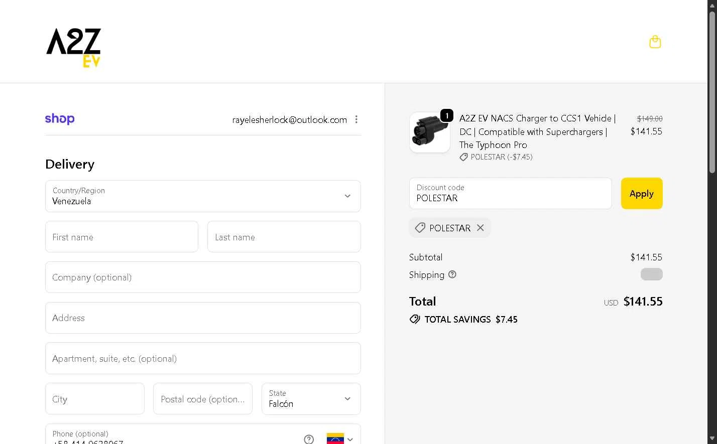 A2Z EV checkout page showing A2Z EV discount code box | Screenshot taken by SimplyCodes community member on Jan 23, 2026