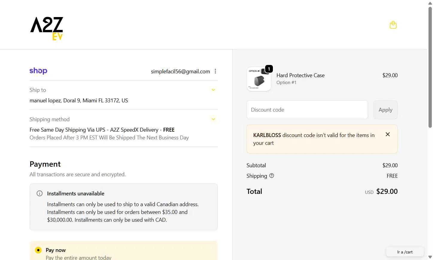 A2Z EV checkout page showing A2Z EV discount code box | Screenshot taken by SimplyCodes community member on Jan 23, 2026