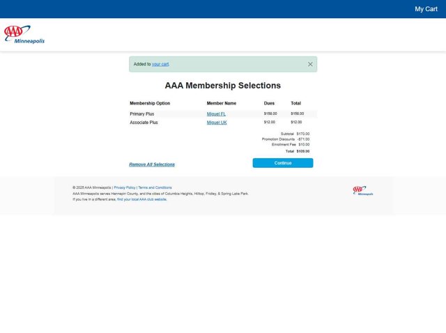 AAA checkout page showing AAA promo code box | Screenshot taken by SimplyCodes community member on Aug 28, 2025