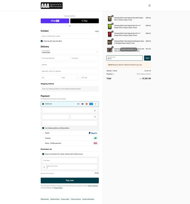 AAA Sports Memorabilia checkout page showing AAA Sports Memorabilia discount code box | Screenshot taken by SimplyCodes community member on Feb 16, 2025