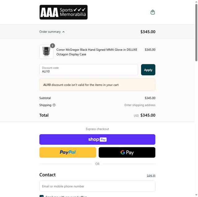 AAA Sports Memorabilia checkout page showing AAA Sports Memorabilia discount code box | Screenshot taken by SimplyCodes community member on May 27, 2025