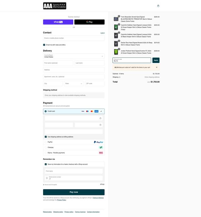 AAA Sports Memorabilia checkout page showing AAA Sports Memorabilia discount code box | Screenshot taken by SimplyCodes community member on Feb 1, 2025