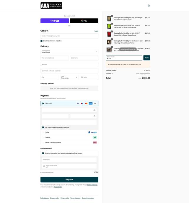 AAA Sports Memorabilia checkout page showing AAA Sports Memorabilia discount code box | Screenshot taken by SimplyCodes community member on Feb 21, 2025