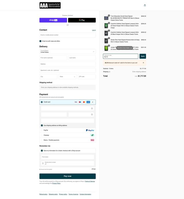AAA Sports Memorabilia checkout page showing AAA Sports Memorabilia discount code box | Screenshot taken by SimplyCodes community member on Feb 6, 2025