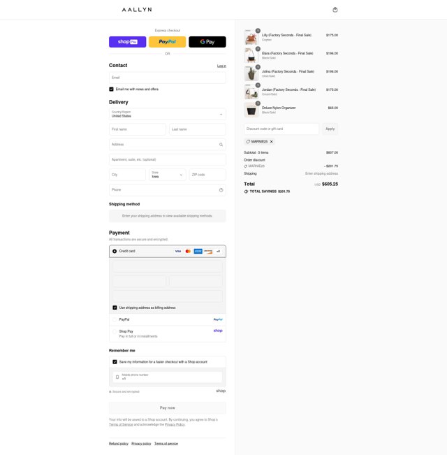 Aallyn checkout page showing Aallyn promo code box | Screenshot taken by SimplyCodes community member on Aug 27, 2025