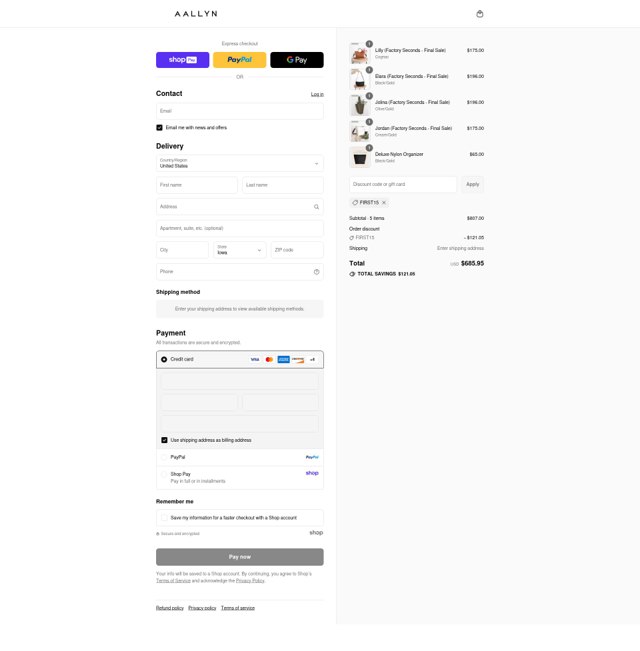 Aallyn checkout page showing Aallyn promo code box | Screenshot taken by SimplyCodes community member on Aug 27, 2025