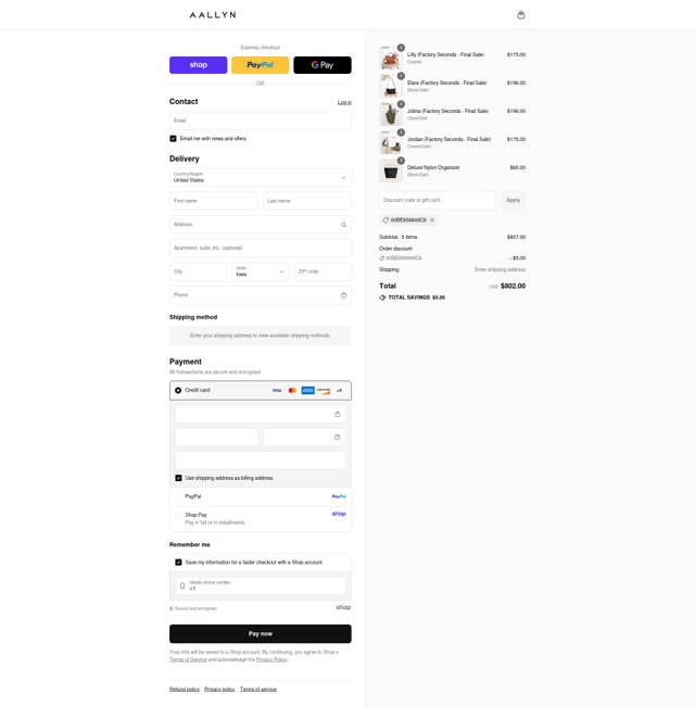 Aallyn checkout page showing Aallyn promo code box | Screenshot taken by SimplyCodes community member on Aug 31, 2025